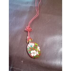 Vintage Asian Cloisonne Red Enamel & Brass Snuff Bottle On Corded Necklace